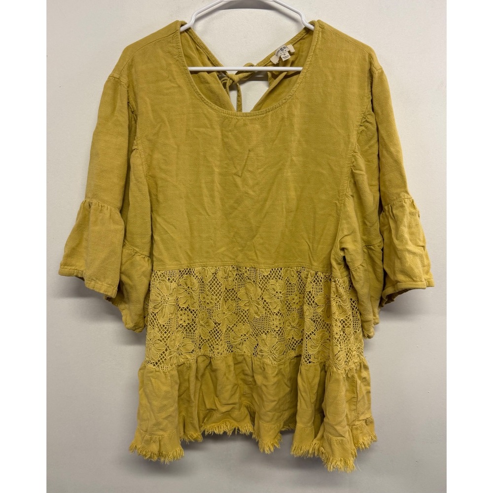 Umgee USA Mustard Yellow Linen Blend Crochet‎ Lace Babydoll Top Bell Sleeve M